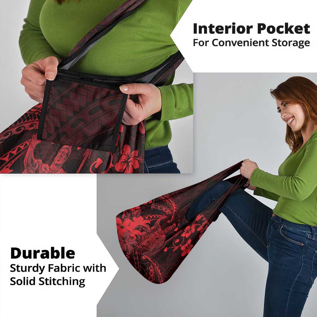 Hawaii King Kamehameha Day Grocery Bag Polynesian Pattern Mix Hibiscus Red