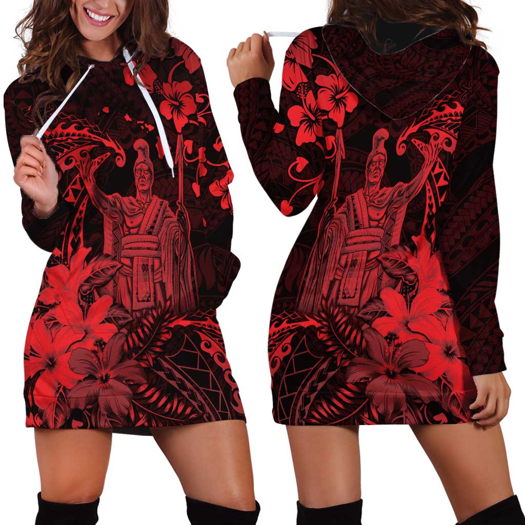 Hawaii King Kamehameha Day Hoodie Dress Polynesian Pattern Mix Hibiscus Red