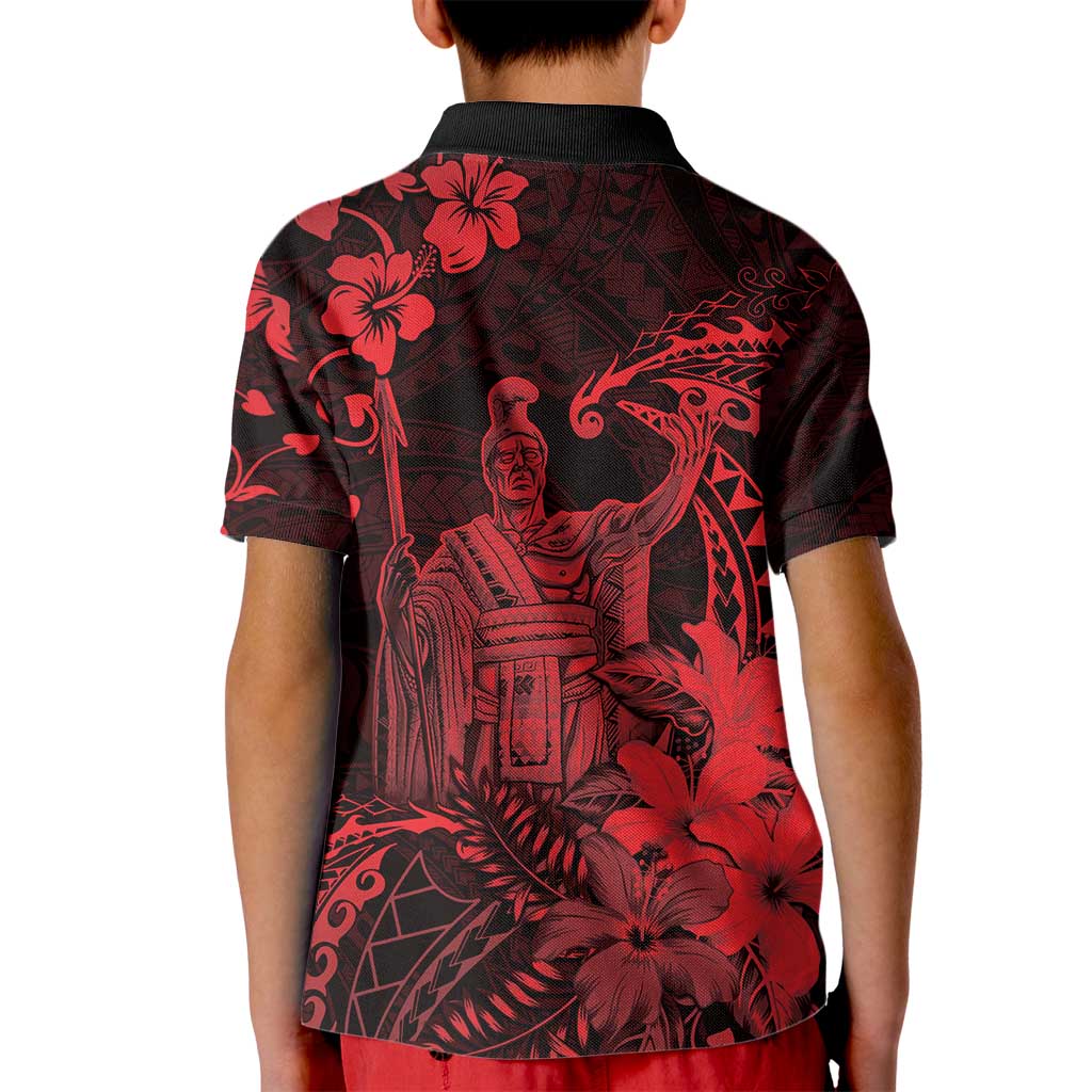 Hawaii King Kamehameha Day Kid Polo Shirt Polynesian Pattern Mix Hibiscus Red