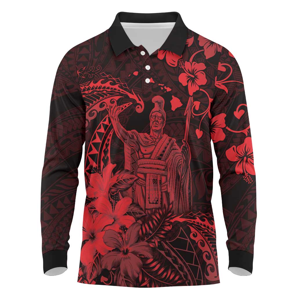 Hawaii King Kamehameha Day Long Sleeve Polo Shirt Polynesian Pattern Mix Hibiscus Red