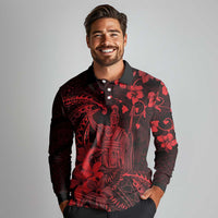 Hawaii King Kamehameha Day Long Sleeve Polo Shirt Polynesian Pattern Mix Hibiscus Red
