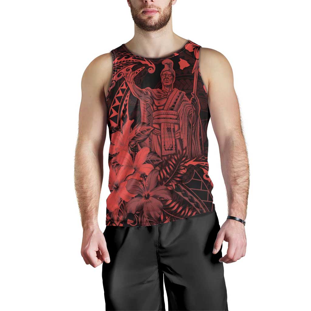 Hawaii King Kamehameha Day Men Tank Top Polynesian Pattern Mix Hibiscus Red