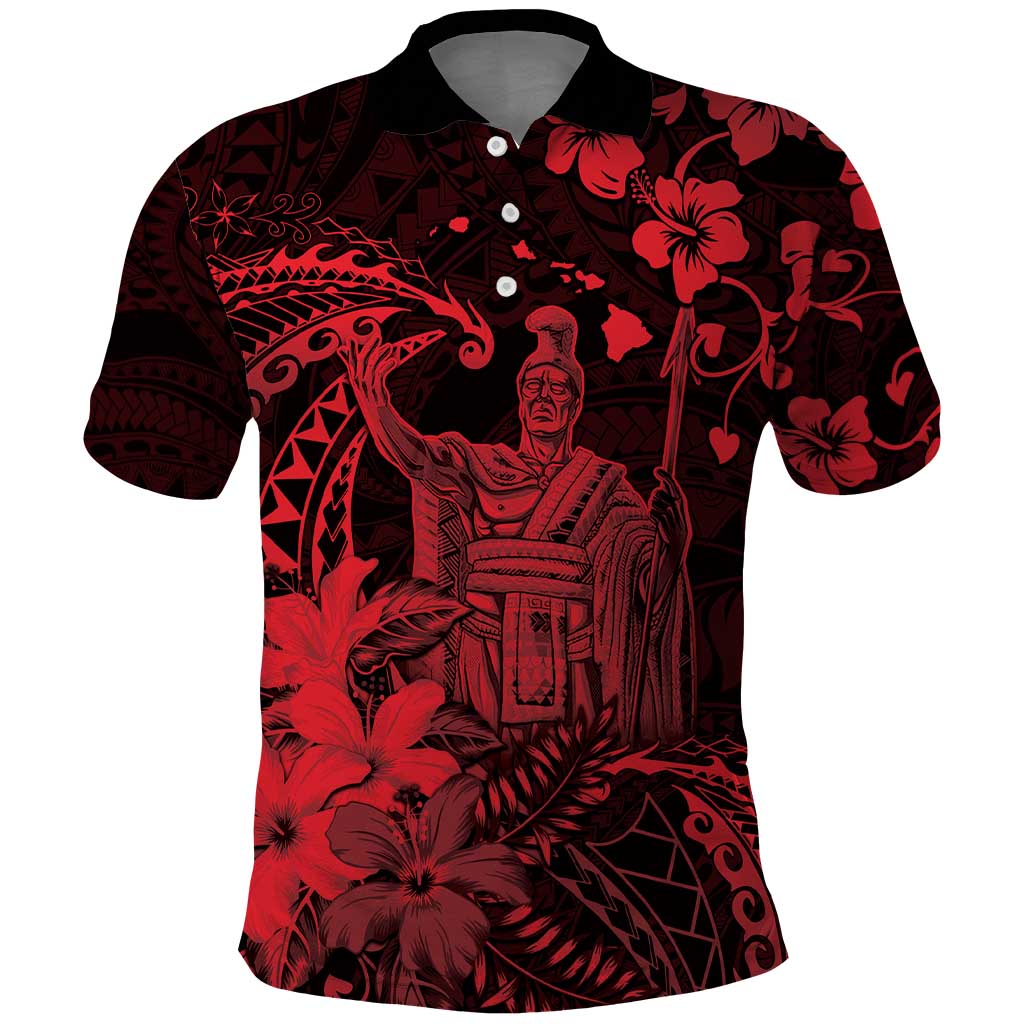 Hawaii King Kamehameha Day Polo Shirt Polynesian Pattern Mix Hibiscus Red