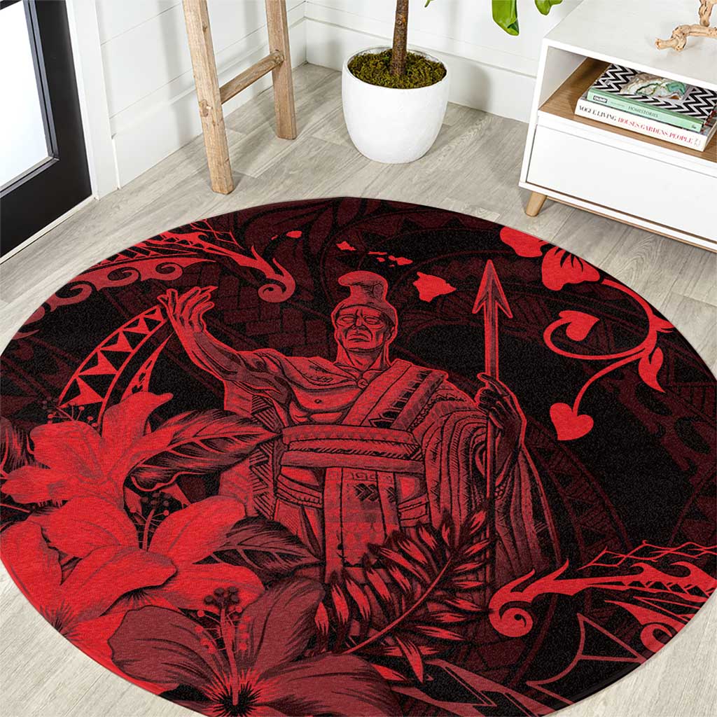 Hawaii King Kamehameha Day Round Carpet Polynesian Pattern Mix Hibiscus Red