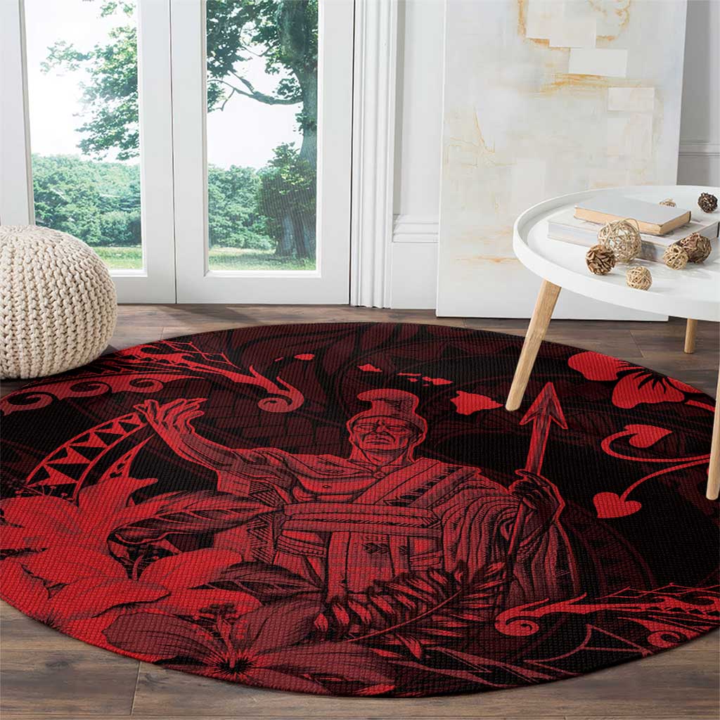 Hawaii King Kamehameha Day Round Carpet Polynesian Pattern Mix Hibiscus Red