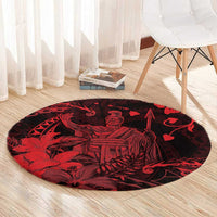 Hawaii King Kamehameha Day Round Carpet Polynesian Pattern Mix Hibiscus Red
