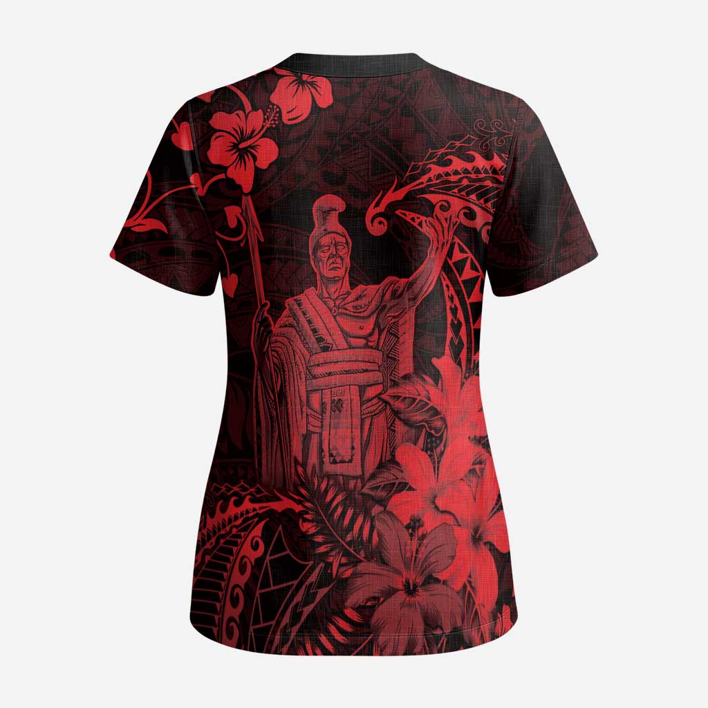 Hawaii King Kamehameha Day Scrub Top Polynesian Pattern Mix Hibiscus Red - Polynesian Pride