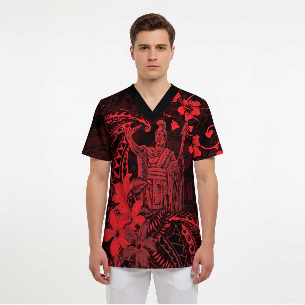 Hawaii King Kamehameha Day Scrub Top Polynesian Pattern Mix Hibiscus Red - Polynesian Pride