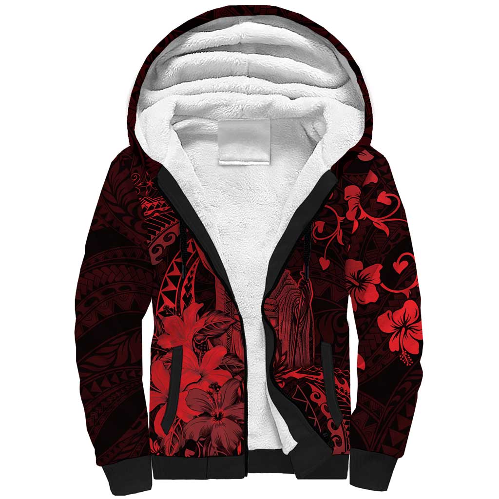 Hawaii King Kamehameha Day Sherpa Hoodie Polynesian Pattern Mix Hibiscus Red