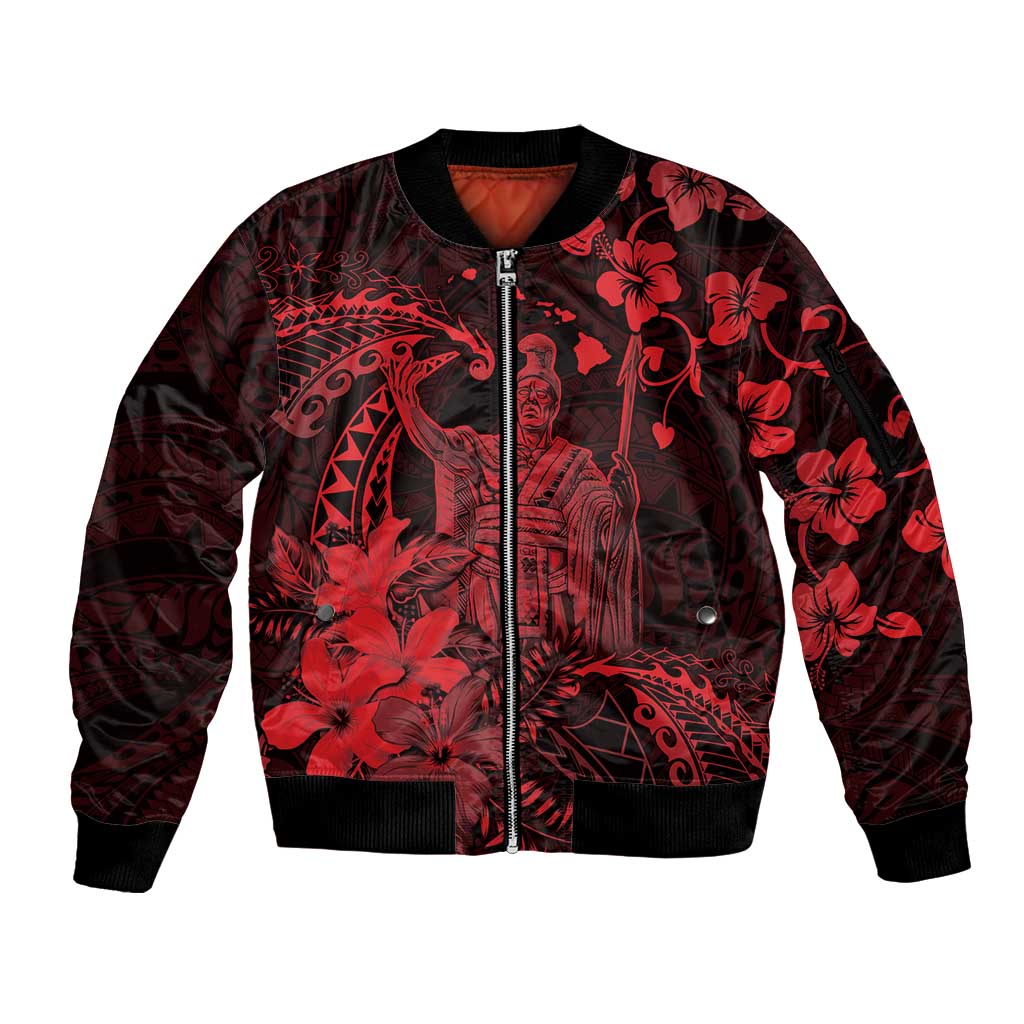 Hawaii King Kamehameha Day Sleeve Zip Bomber Jacket Polynesian Pattern Mix Hibiscus Red