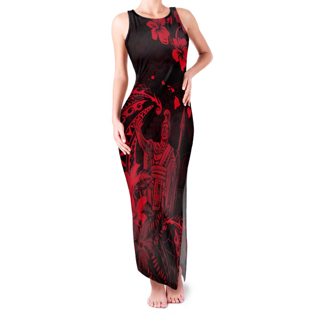 Hawaii King Kamehameha Day Tank Maxi Dress Polynesian Pattern Mix Hibiscus Red