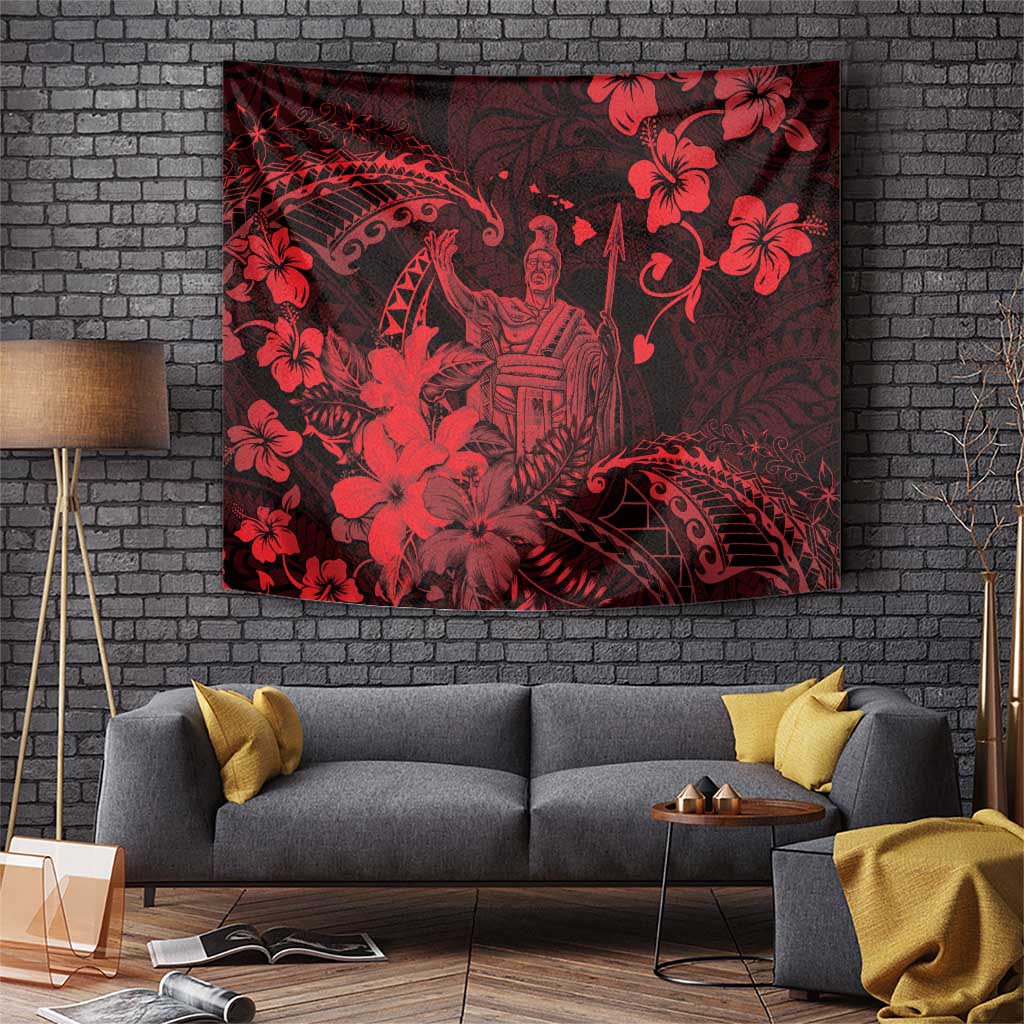 Hawaii King Kamehameha Day Tapestry Polynesian Pattern Mix Hibiscus Red