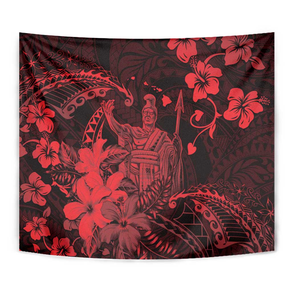 Hawaii King Kamehameha Day Tapestry Polynesian Pattern Mix Hibiscus Red