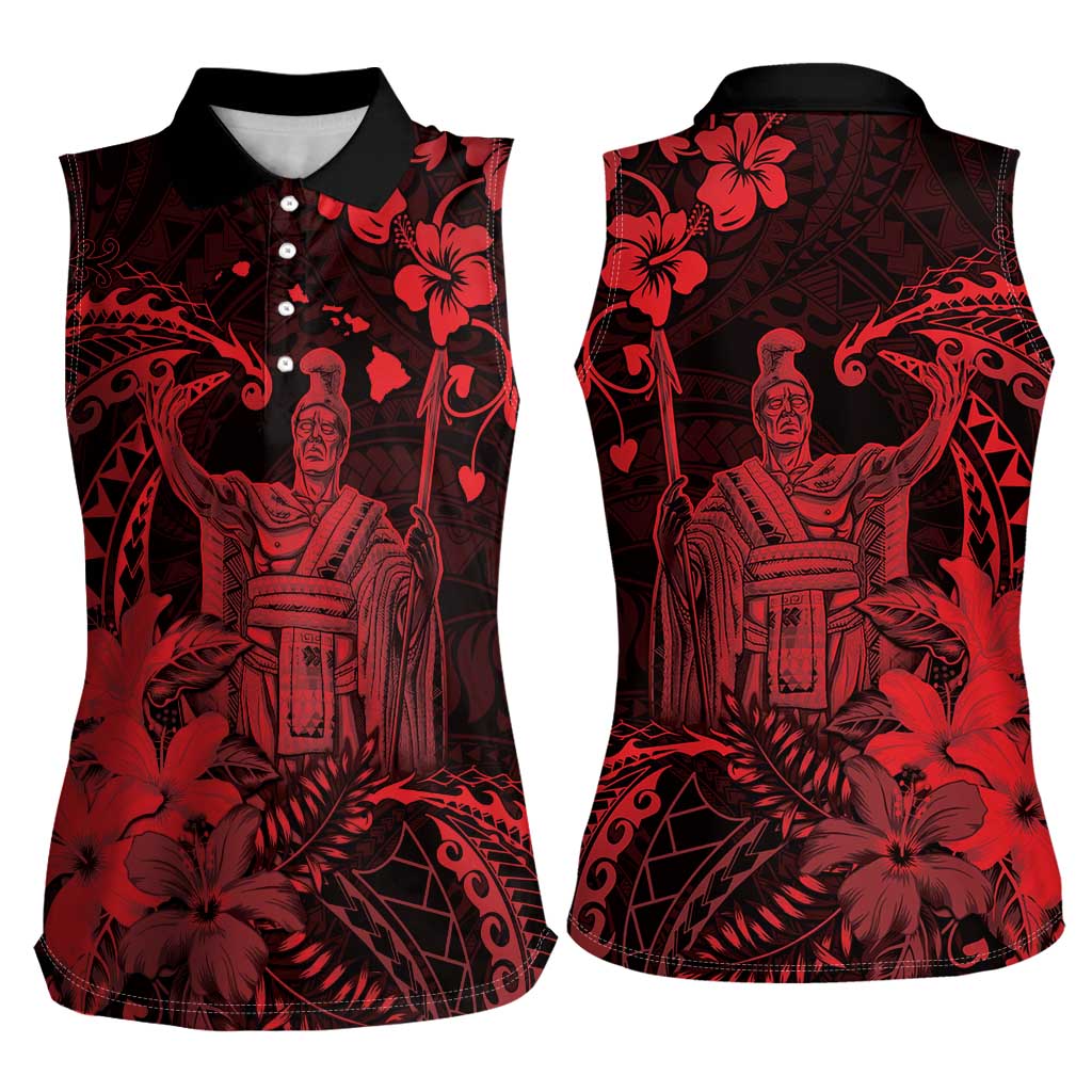 Hawaii King Kamehameha Day Women Sleeveless Polo Shirt Polynesian Pattern Mix Hibiscus Red
