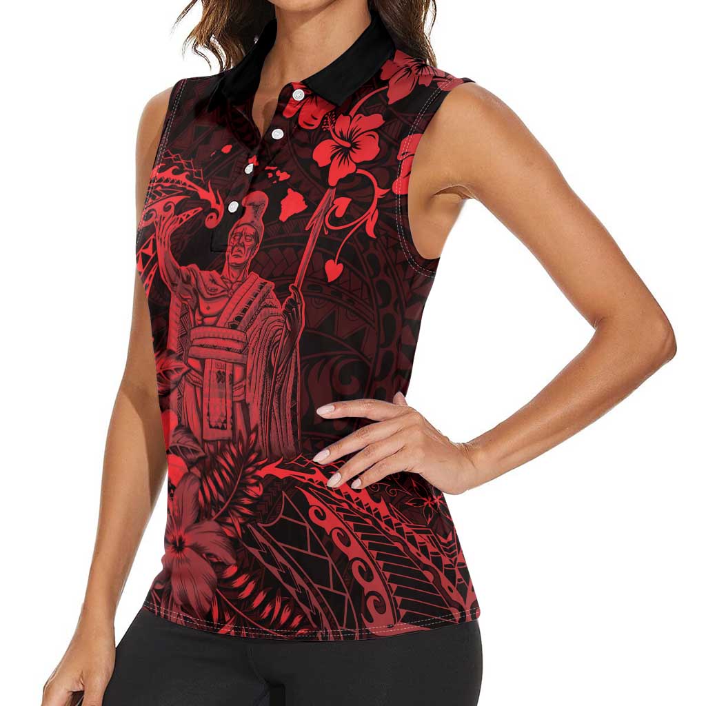 Hawaii King Kamehameha Day Women Sleeveless Polo Shirt Polynesian Pattern Mix Hibiscus Red