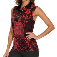 Hawaii King Kamehameha Day Women Sleeveless Polo Shirt Polynesian Pattern Mix Hibiscus Red