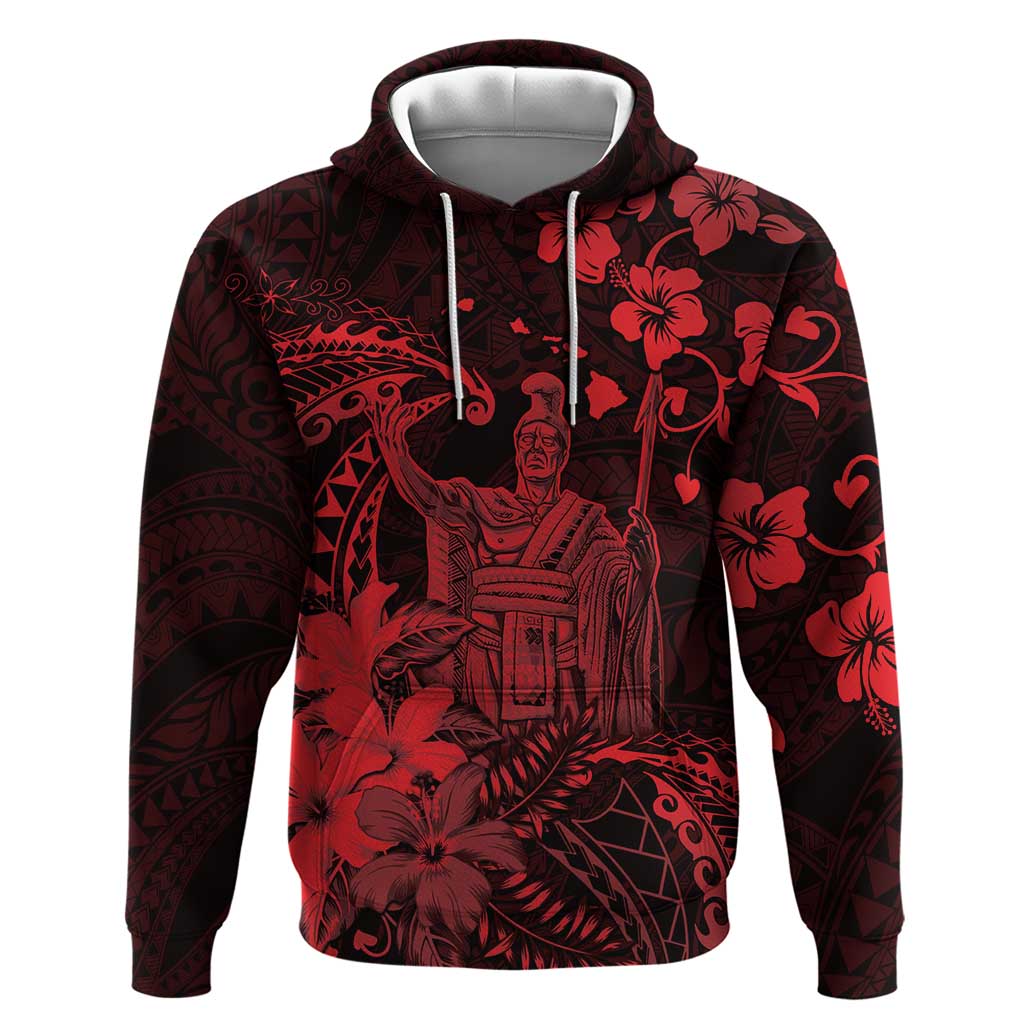 Hawaii King Kamehameha Day Zip Hoodie Polynesian Pattern Mix Hibiscus Red
