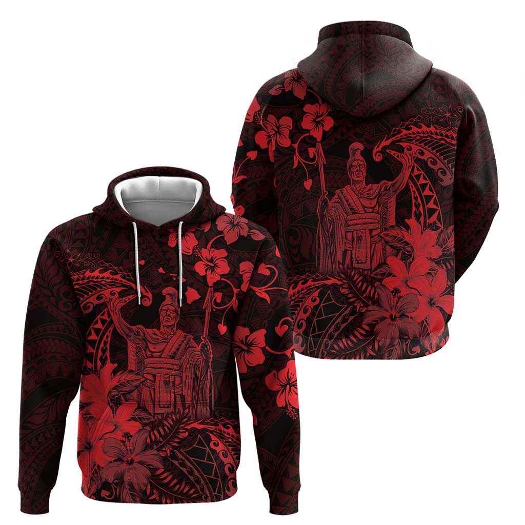 Hawaii King Kamehameha Day Zip Hoodie Polynesian Pattern Mix Hibiscus Red