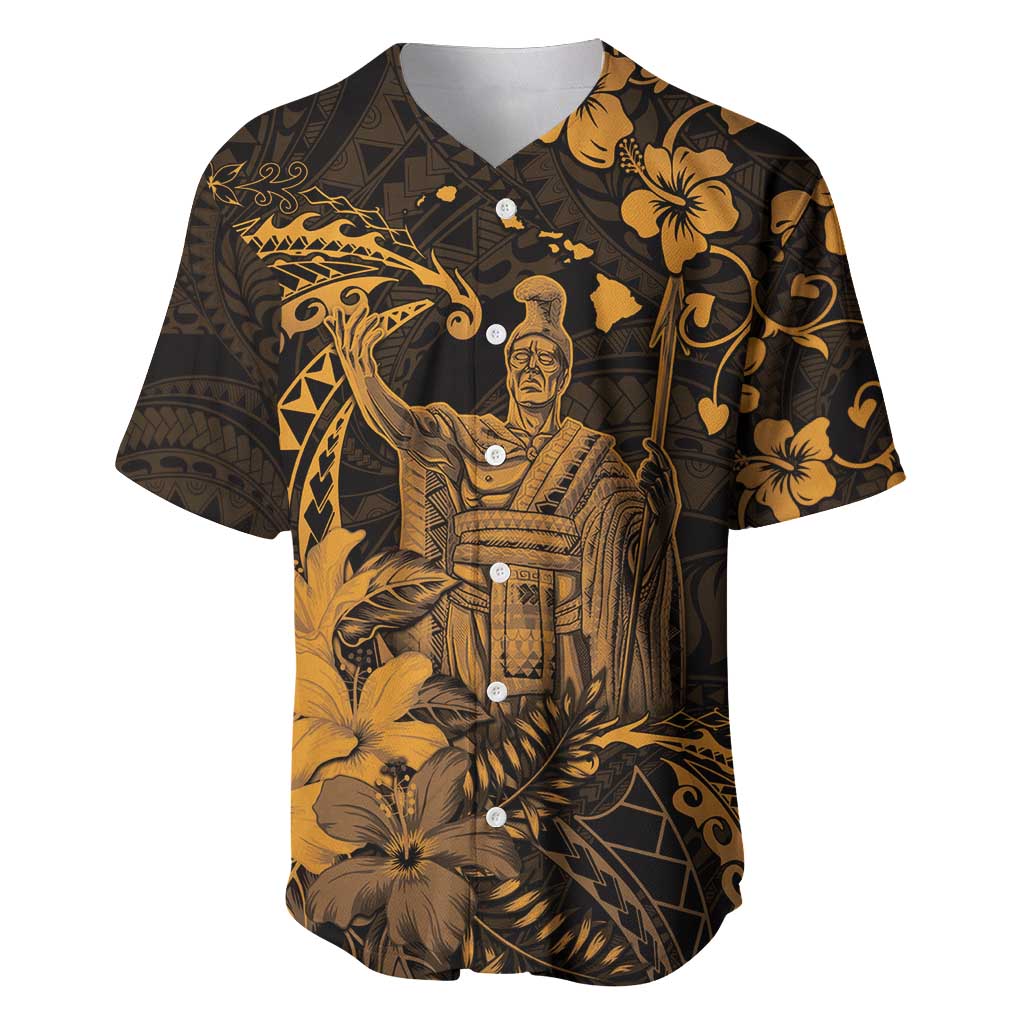 Hawaii King Kamehameha Day Baseball Jersey Polynesian Pattern Mix Hibiscus Gold