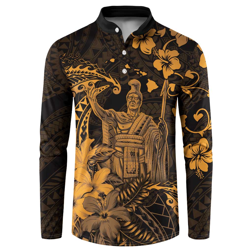 Hawaii King Kamehameha Day Button Sweatshirt Polynesian Pattern Mix Hibiscus Gold