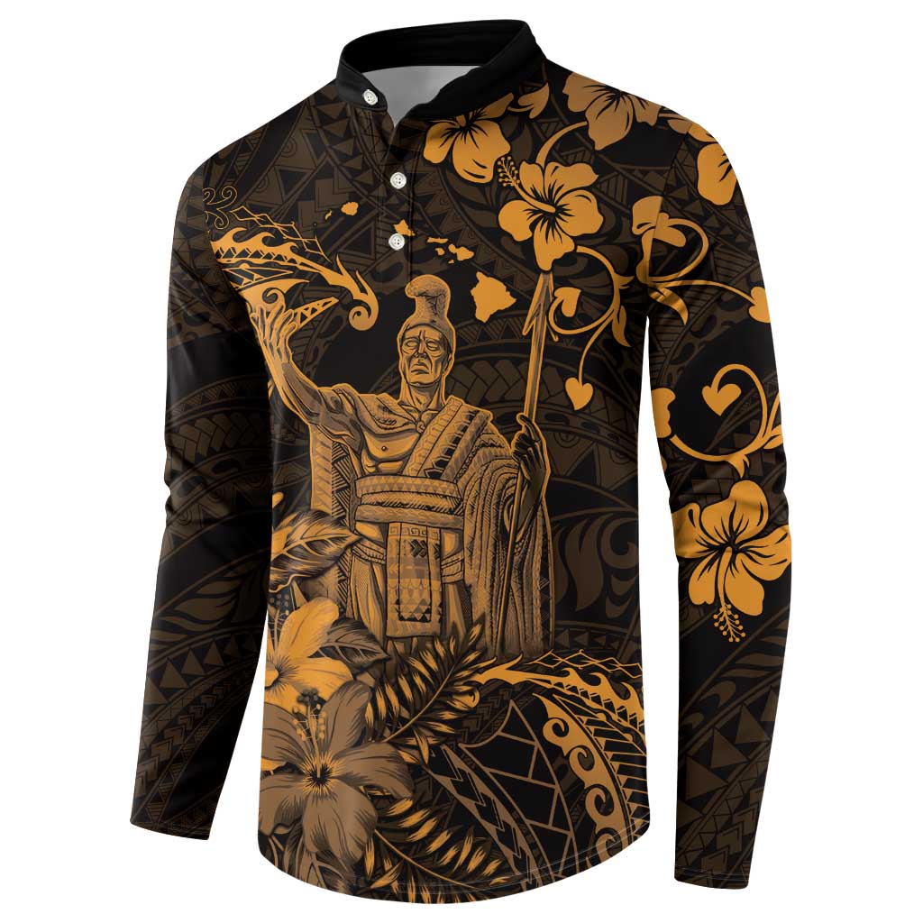 Hawaii King Kamehameha Day Button Sweatshirt Polynesian Pattern Mix Hibiscus Gold