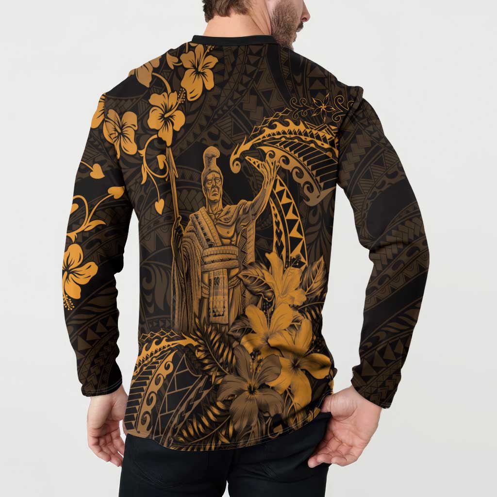 Hawaii King Kamehameha Day Button Sweatshirt Polynesian Pattern Mix Hibiscus Gold