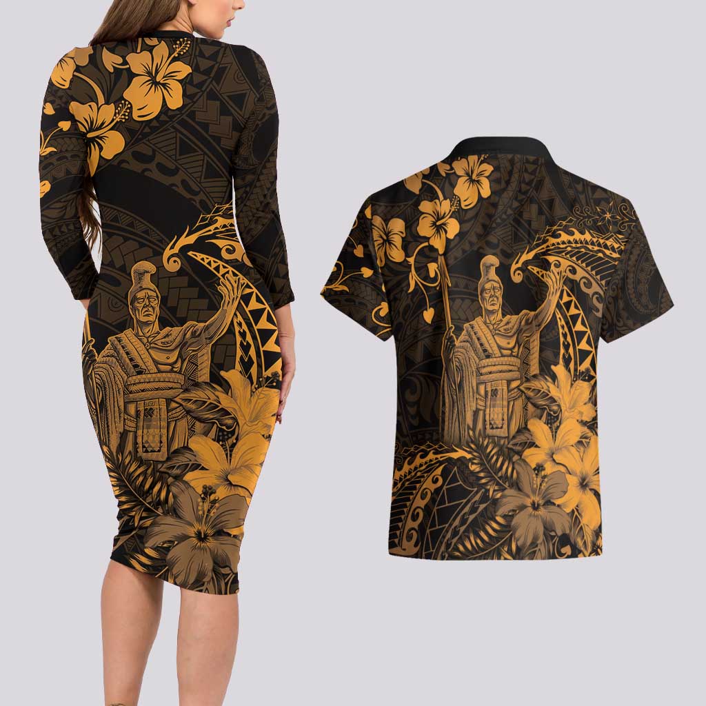 Hawaii King Kamehameha Day Couples Matching Long Sleeve Bodycon Dress and Hawaiian Shirt Polynesian Pattern Mix Hibiscus Gold