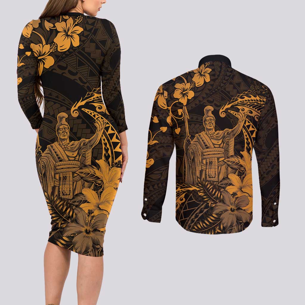 Hawaii King Kamehameha Day Couples Matching Long Sleeve Bodycon Dress and Long Sleeve Button Shirt Polynesian Pattern Mix Hibiscus Gold