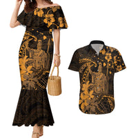Hawaii King Kamehameha Day Couples Matching Mermaid Dress and Hawaiian Shirt Polynesian Pattern Mix Hibiscus Gold