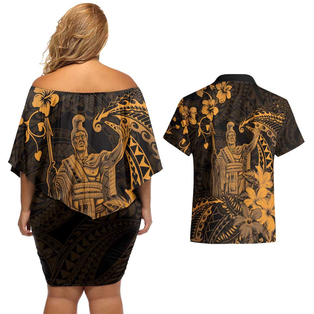Hawaii King Kamehameha Day Couples Matching Off Shoulder Short Dress and Hawaiian Shirt Polynesian Pattern Mix Hibiscus Gold