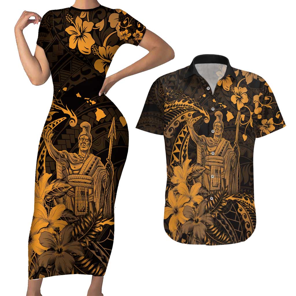 Hawaii King Kamehameha Day Couples Matching Short Sleeve Bodycon Dress and Hawaiian Shirt Polynesian Pattern Mix Hibiscus Gold