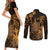 Hawaii King Kamehameha Day Couples Matching Short Sleeve Bodycon Dress and Long Sleeve Button Shirt Polynesian Pattern Mix Hibiscus Gold