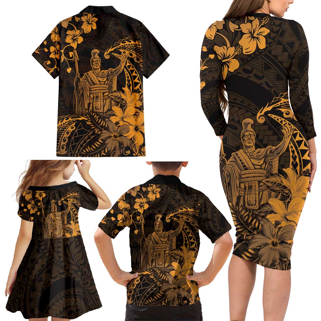 Hawaii King Kamehameha Day Family Matching Long Sleeve Bodycon Dress and Hawaiian Shirt Polynesian Pattern Mix Hibiscus Gold