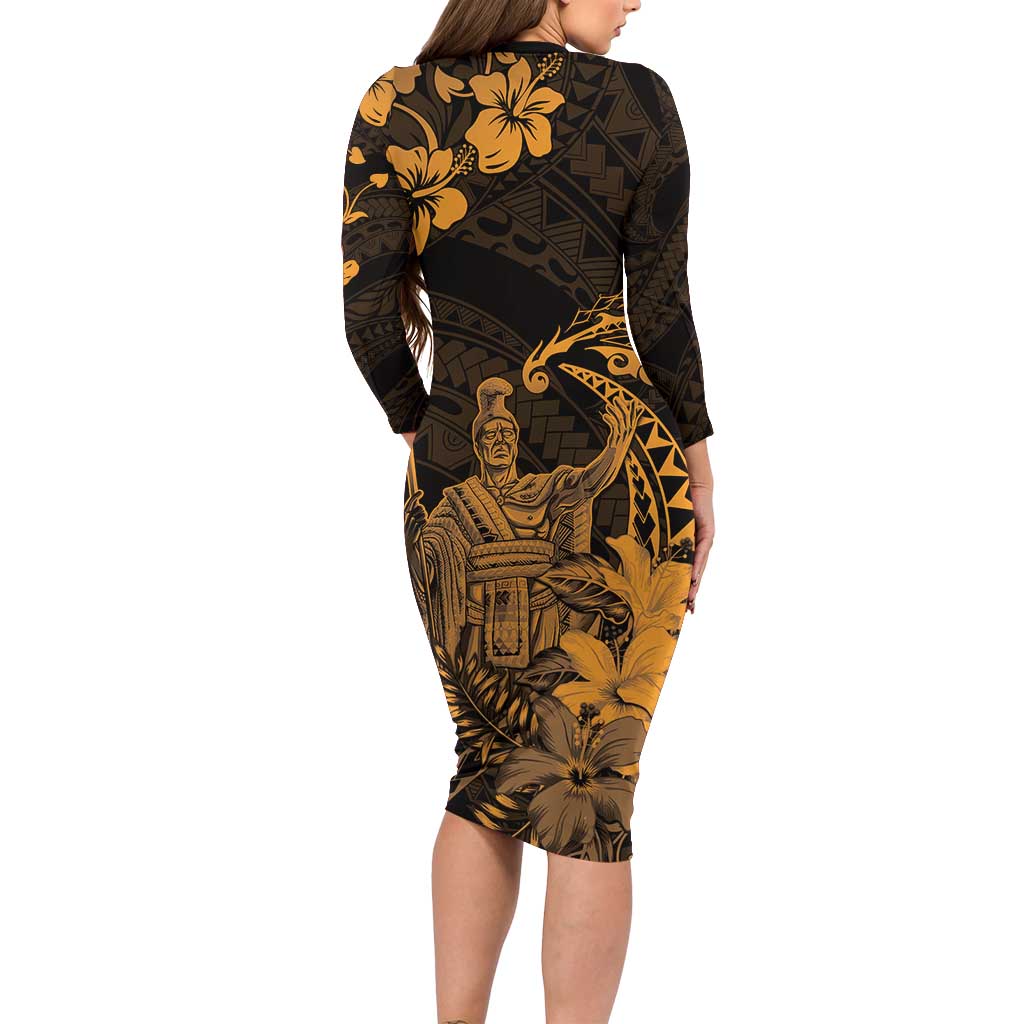 Hawaii King Kamehameha Day Family Matching Long Sleeve Bodycon Dress and Hawaiian Shirt Polynesian Pattern Mix Hibiscus Gold