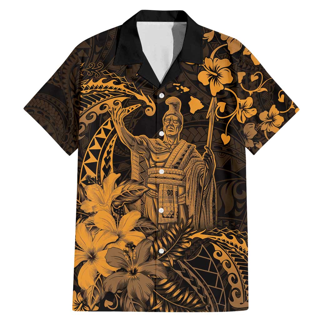 Hawaii King Kamehameha Day Family Matching Mermaid Dress and Hawaiian Shirt Polynesian Pattern Mix Hibiscus Gold