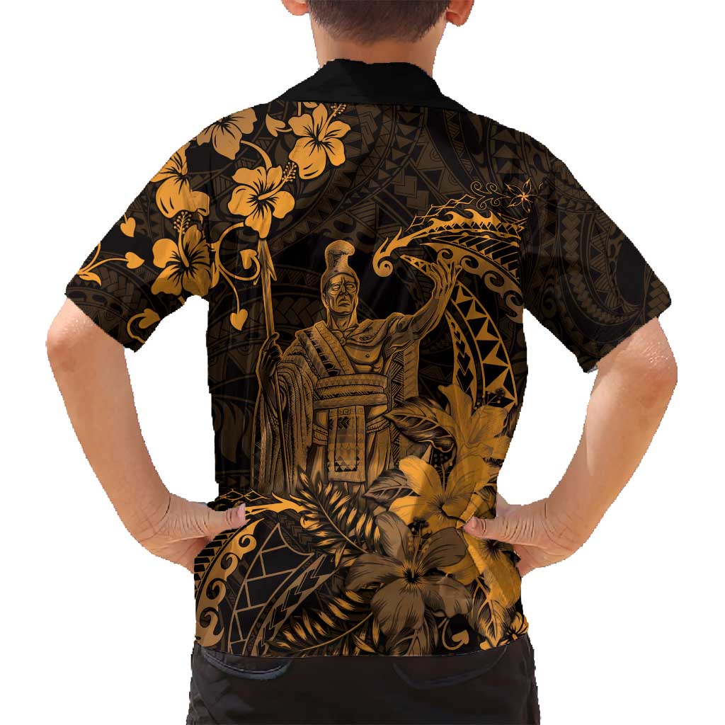 Hawaii King Kamehameha Day Family Matching Off Shoulder Maxi Dress and Hawaiian Shirt Polynesian Pattern Mix Hibiscus Gold