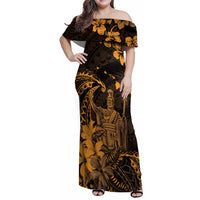 Hawaii King Kamehameha Day Family Matching Off Shoulder Maxi Dress and Hawaiian Shirt Polynesian Pattern Mix Hibiscus Gold