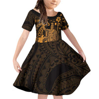 Hawaii King Kamehameha Day Family Matching Off Shoulder Short Dress and Hawaiian Shirt Polynesian Pattern Mix Hibiscus Gold