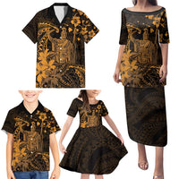 Hawaii King Kamehameha Day Family Matching Puletasi and Hawaiian Shirt Polynesian Pattern Mix Hibiscus Gold