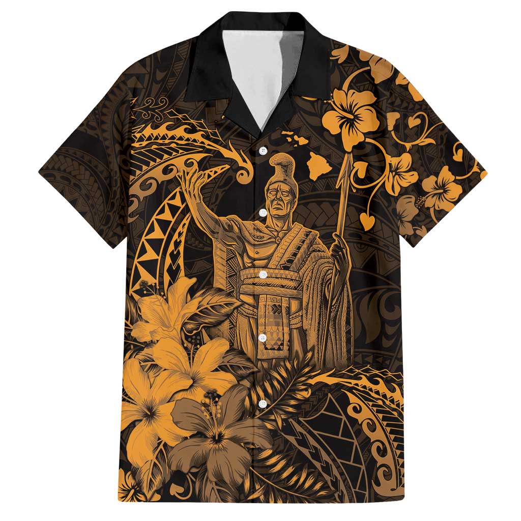 Hawaii King Kamehameha Day Family Matching Puletasi and Hawaiian Shirt Polynesian Pattern Mix Hibiscus Gold