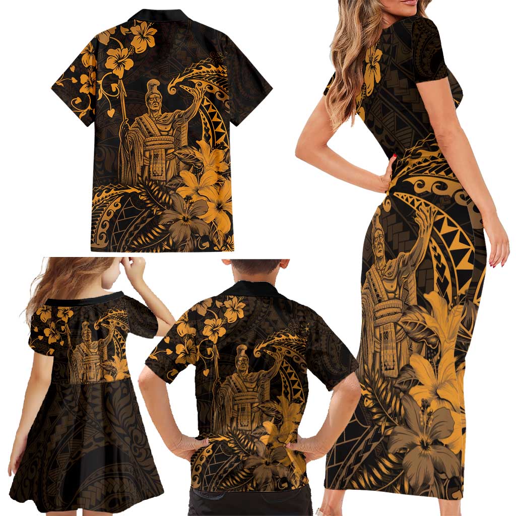 Hawaii King Kamehameha Day Family Matching Short Sleeve Bodycon Dress and Hawaiian Shirt Polynesian Pattern Mix Hibiscus Gold