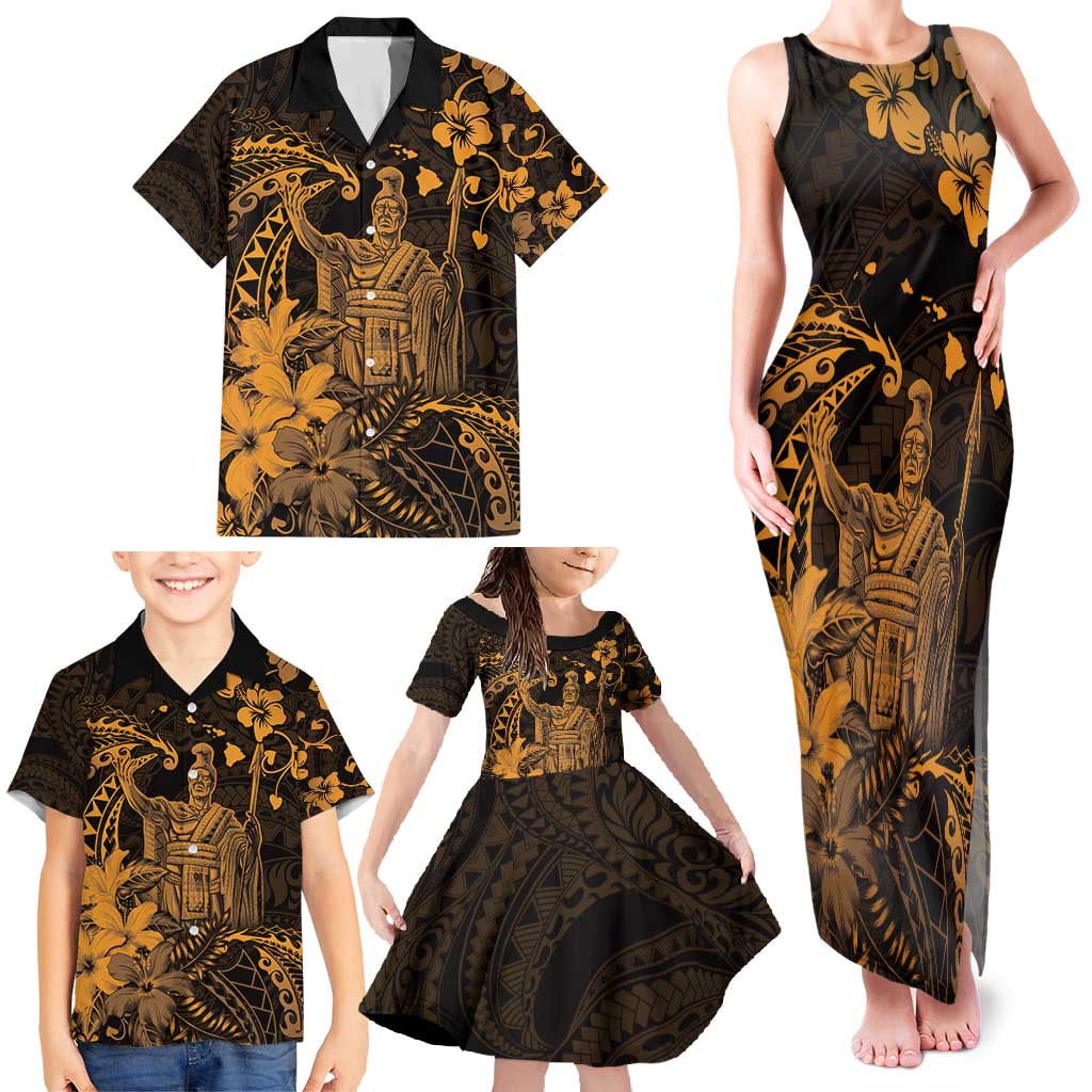 Hawaii King Kamehameha Day Family Matching Tank Maxi Dress and Hawaiian Shirt Polynesian Pattern Mix Hibiscus Gold