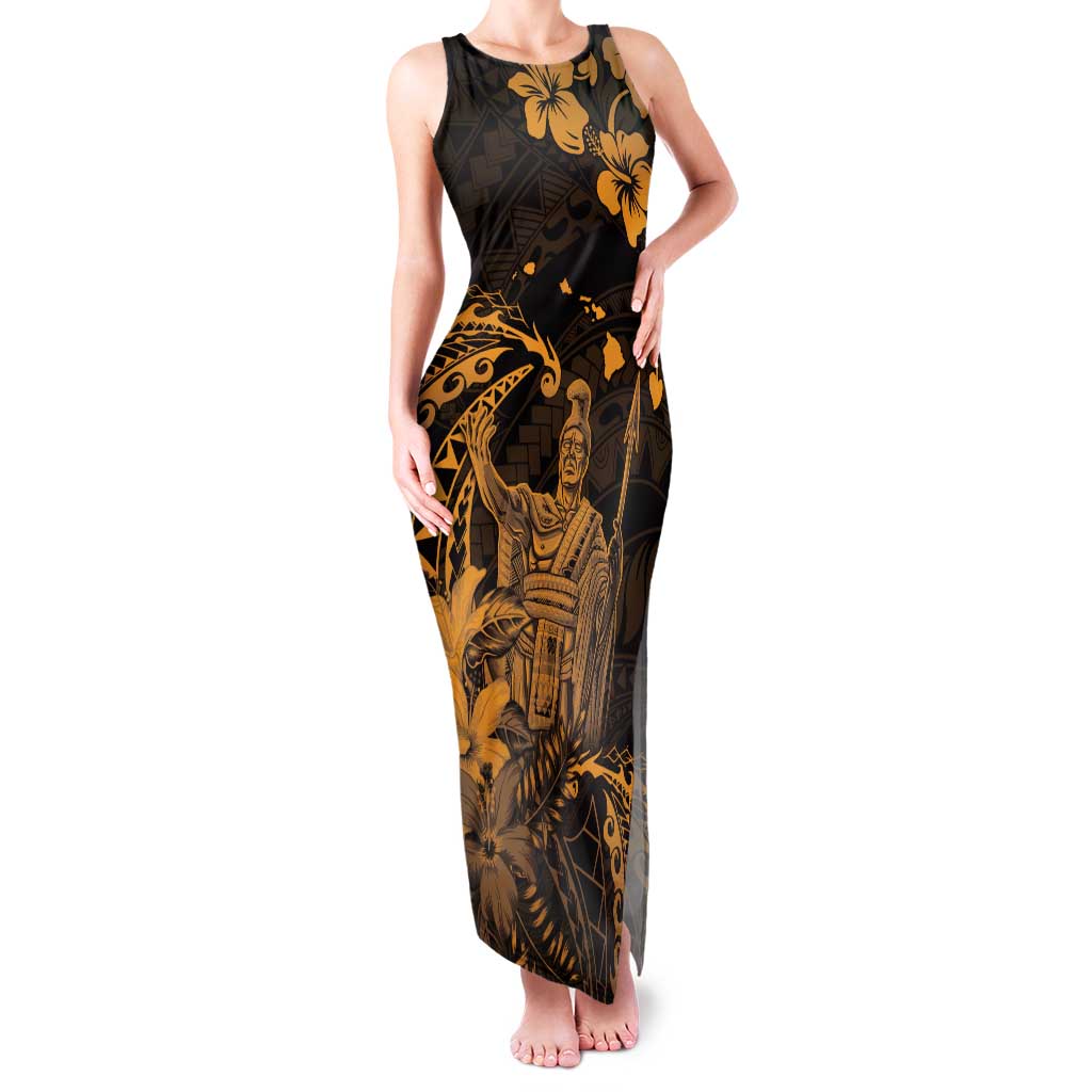 Hawaii King Kamehameha Day Family Matching Tank Maxi Dress and Hawaiian Shirt Polynesian Pattern Mix Hibiscus Gold