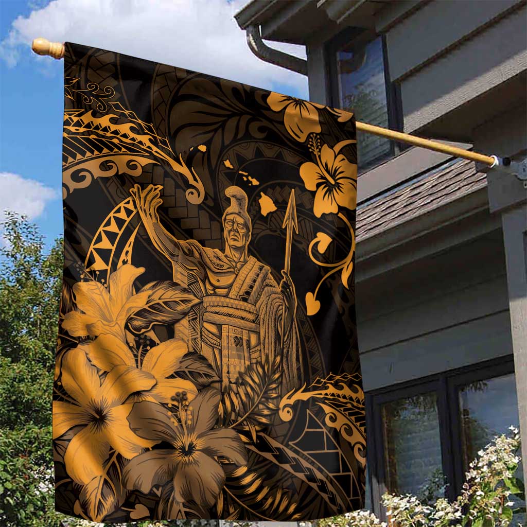 Hawaii King Kamehameha Day Garden Flag Polynesian Pattern Mix Hibiscus Gold