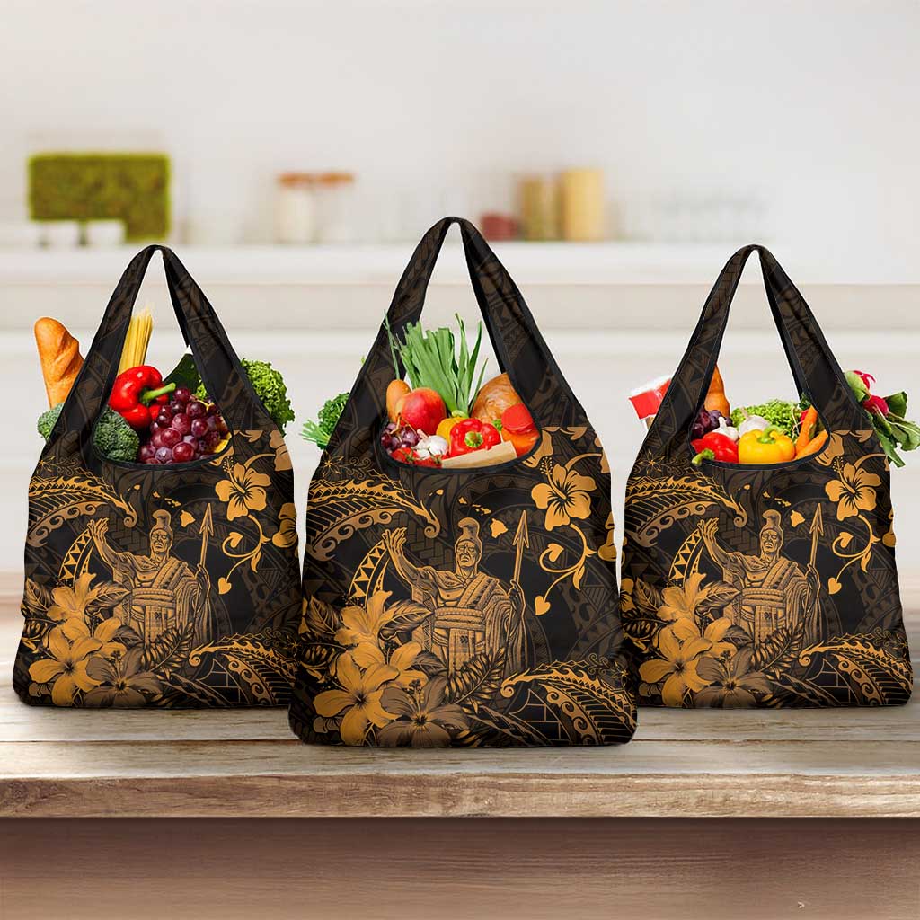 Hawaii King Kamehameha Day Grocery Bag Polynesian Pattern Mix Hibiscus Gold
