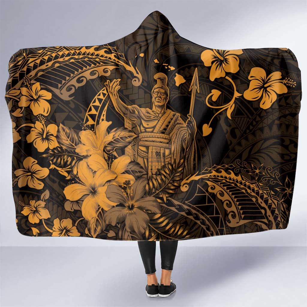 Hawaii King Kamehameha Day Hooded Blanket Polynesian Pattern Mix Hibiscus Gold