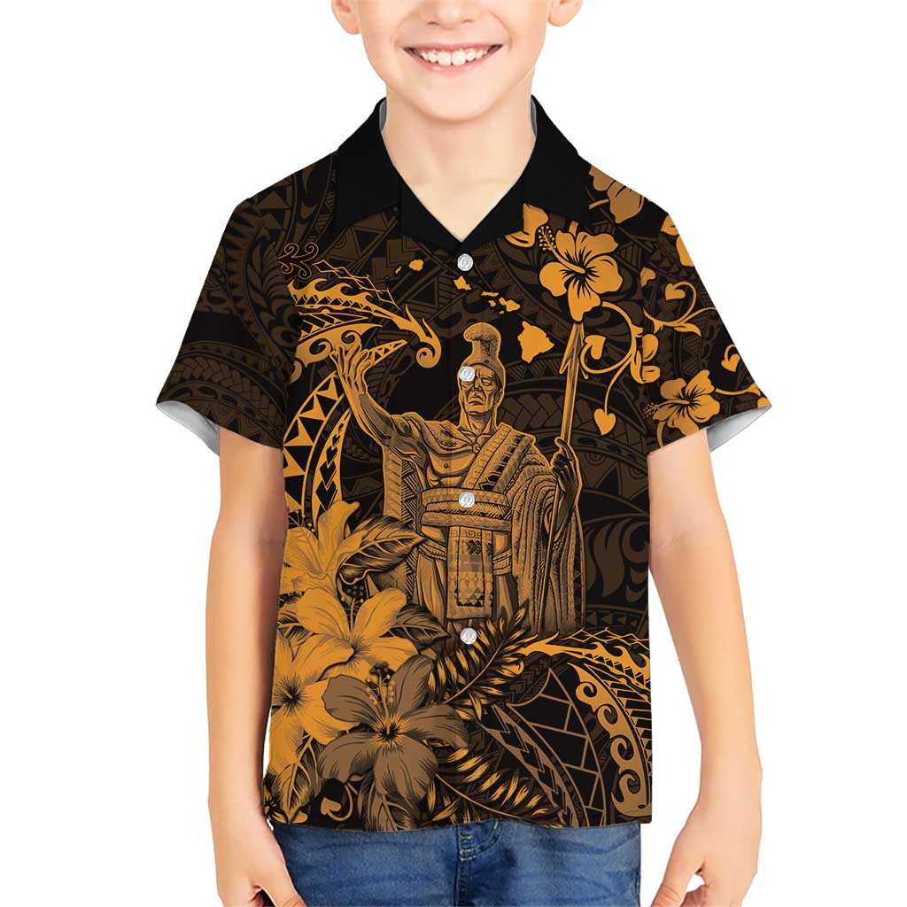 Hawaii King Kamehameha Day Kid Hawaiian Shirt Polynesian Pattern Mix Hibiscus Gold