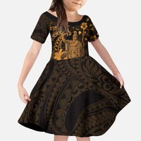 Hawaii King Kamehameha Day Kid Short Sleeve Dress Polynesian Pattern Mix Hibiscus Gold