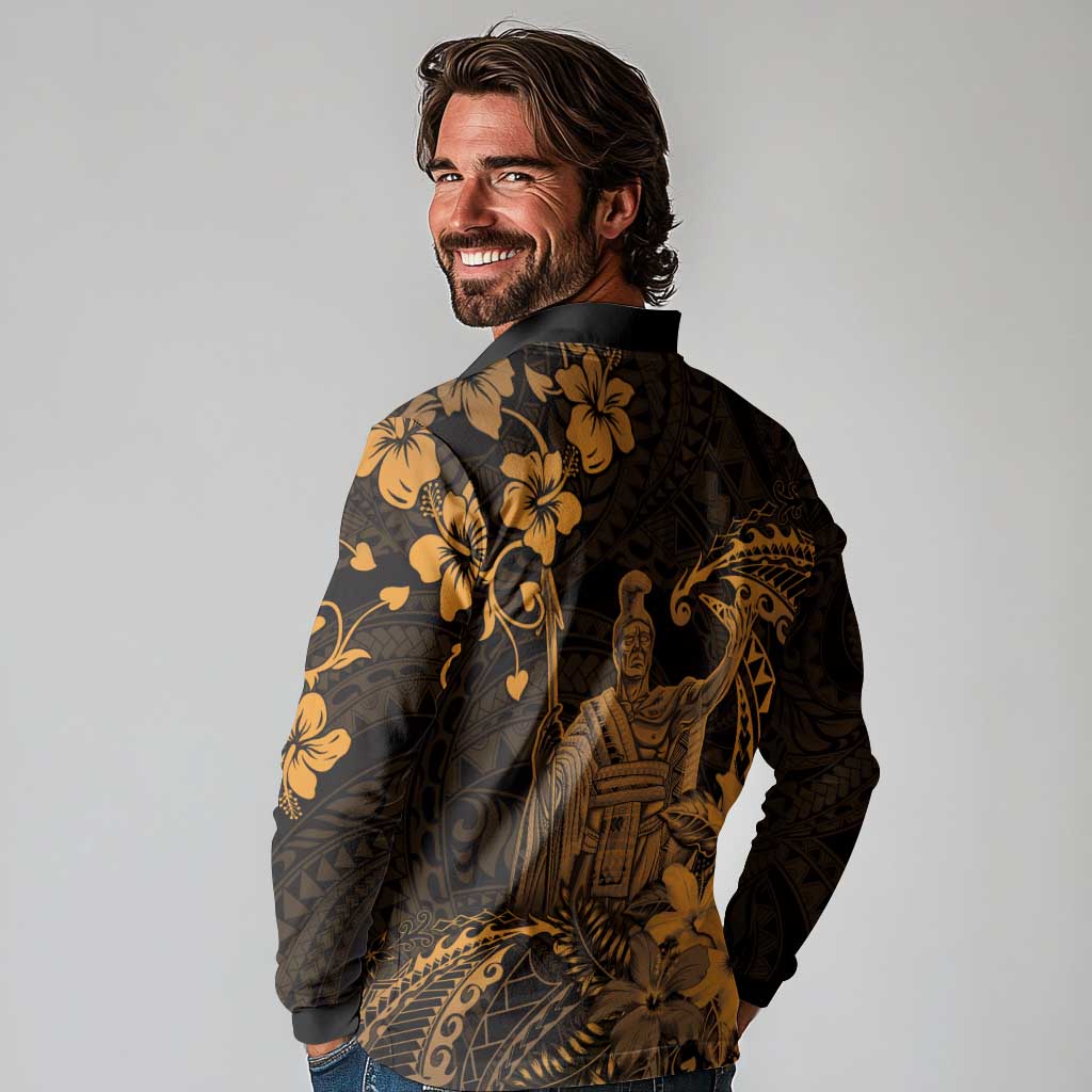 Hawaii King Kamehameha Day Long Sleeve Polo Shirt Polynesian Pattern Mix Hibiscus Gold