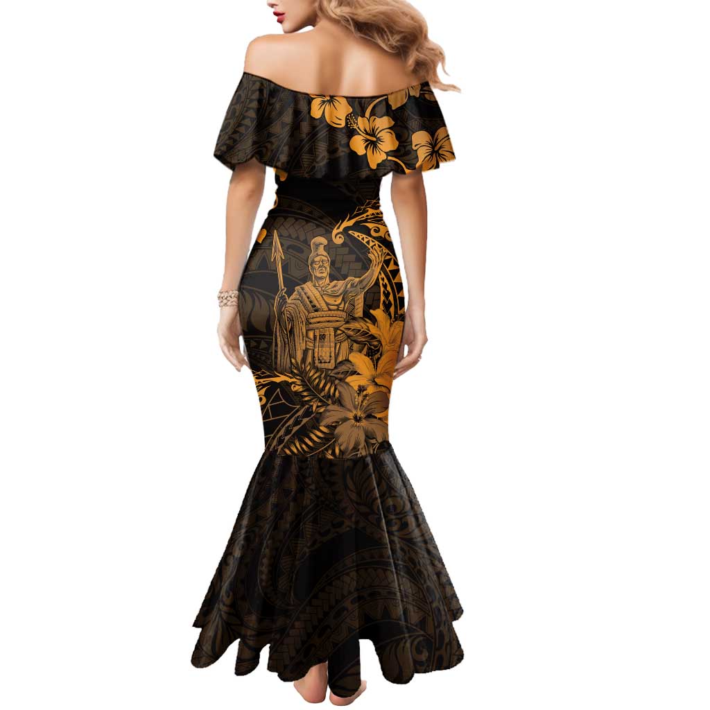 Hawaii King Kamehameha Day Mermaid Dress Polynesian Pattern Mix Hibiscus Gold